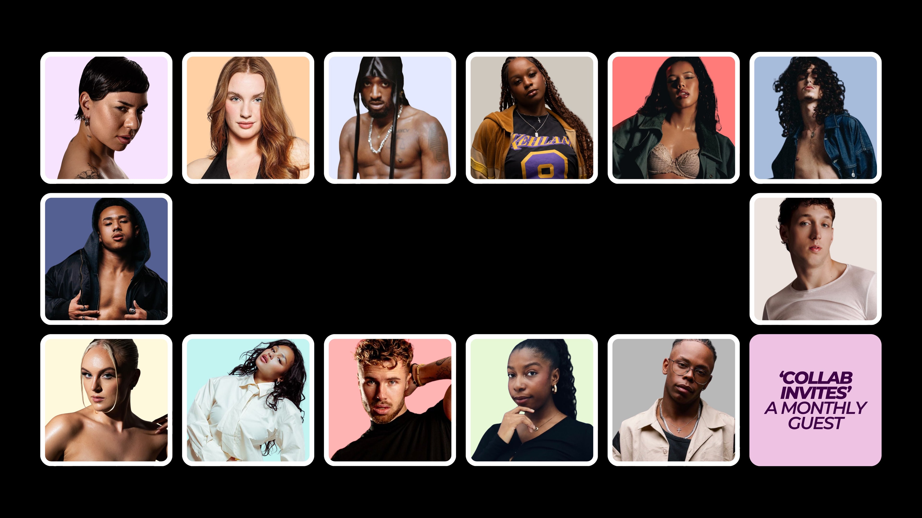 A collage grid of multiple portrait photo tiles featuring different people, arranged on a black background, with a pink tile at bottom right that reads 'COLLAB INVITES A MONTHLY GUEST'. This is not a single physical product shot, not packaging, and not an auxiliary chart/swatch/instruction image.
